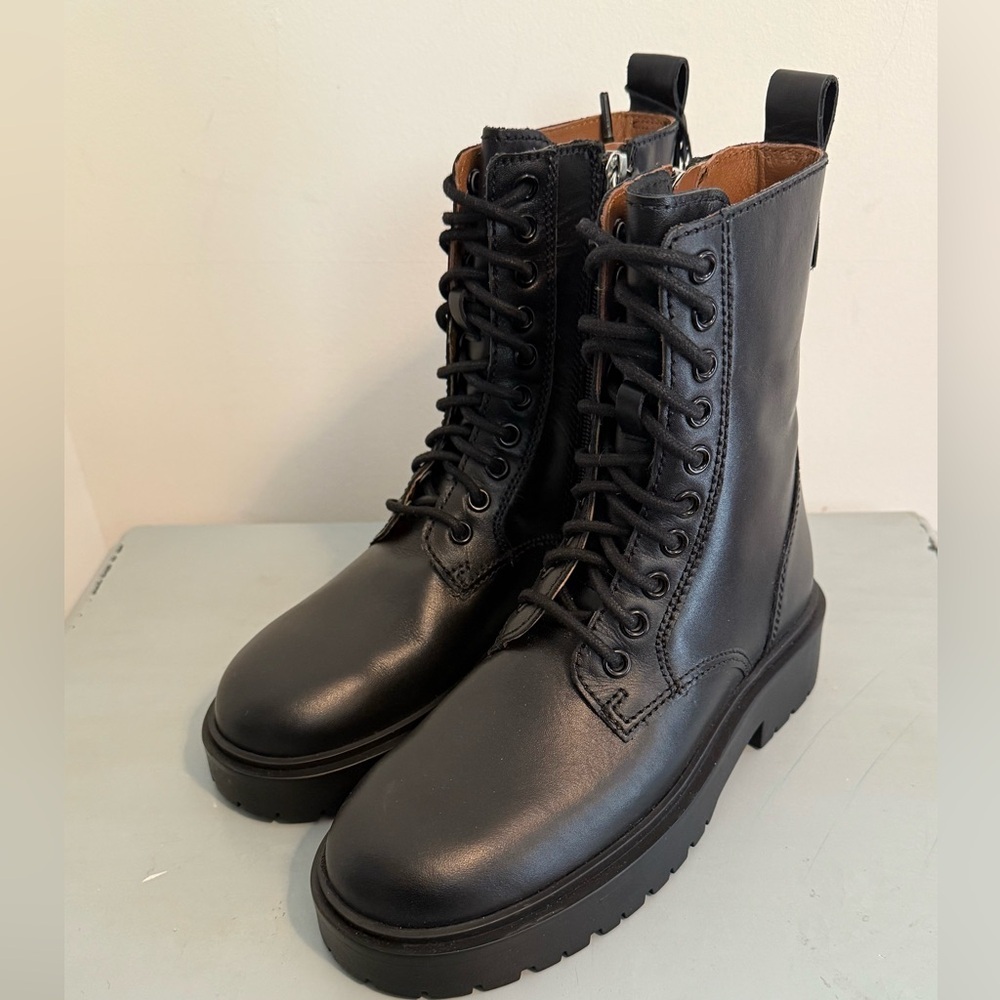 NWT Zara Black Leather Lace-Up Combat Ankle Punk Moto Boots Shoes Size 35 l US 5 - Picture 7 of 8